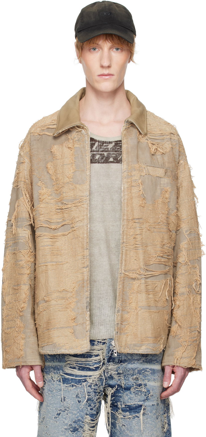 Takki Diesel Diesel D-Ivar-Fsg Distressed Denim Jacket Beige | A18111-007AZ-33S