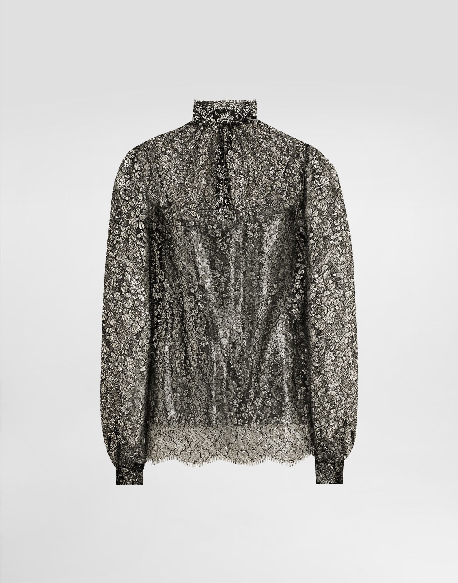 Paita Dolce & Gabbana High-neck Long-sleeve Lamé Lace Top with Scalloped Hem, Collection Metallinen | F7BD7TILMCFS0998, 0