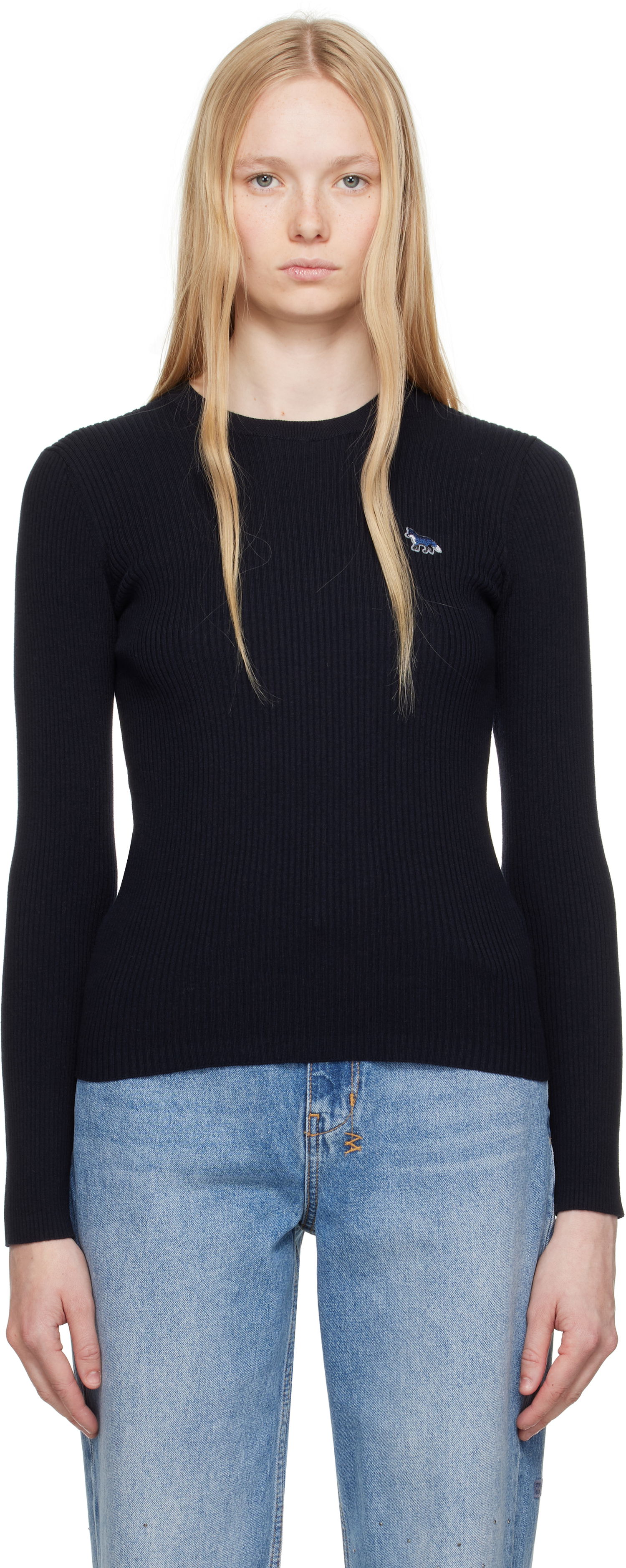 Villapaita MAISON KITSUNÉ Maison Kitsuné Baby Fox Patch Fine Ribbed Sweater Musta | OW00801KT1091, 0