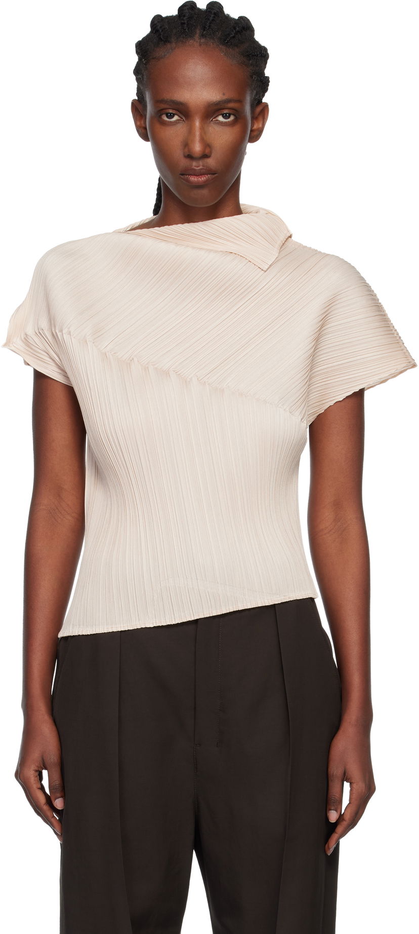 T-paitoja ja toppeja Pleats Please Issey Miyake Pleats Please Issey Miyake Pleated Asymmetric Leap Top Beige | PP58JK461