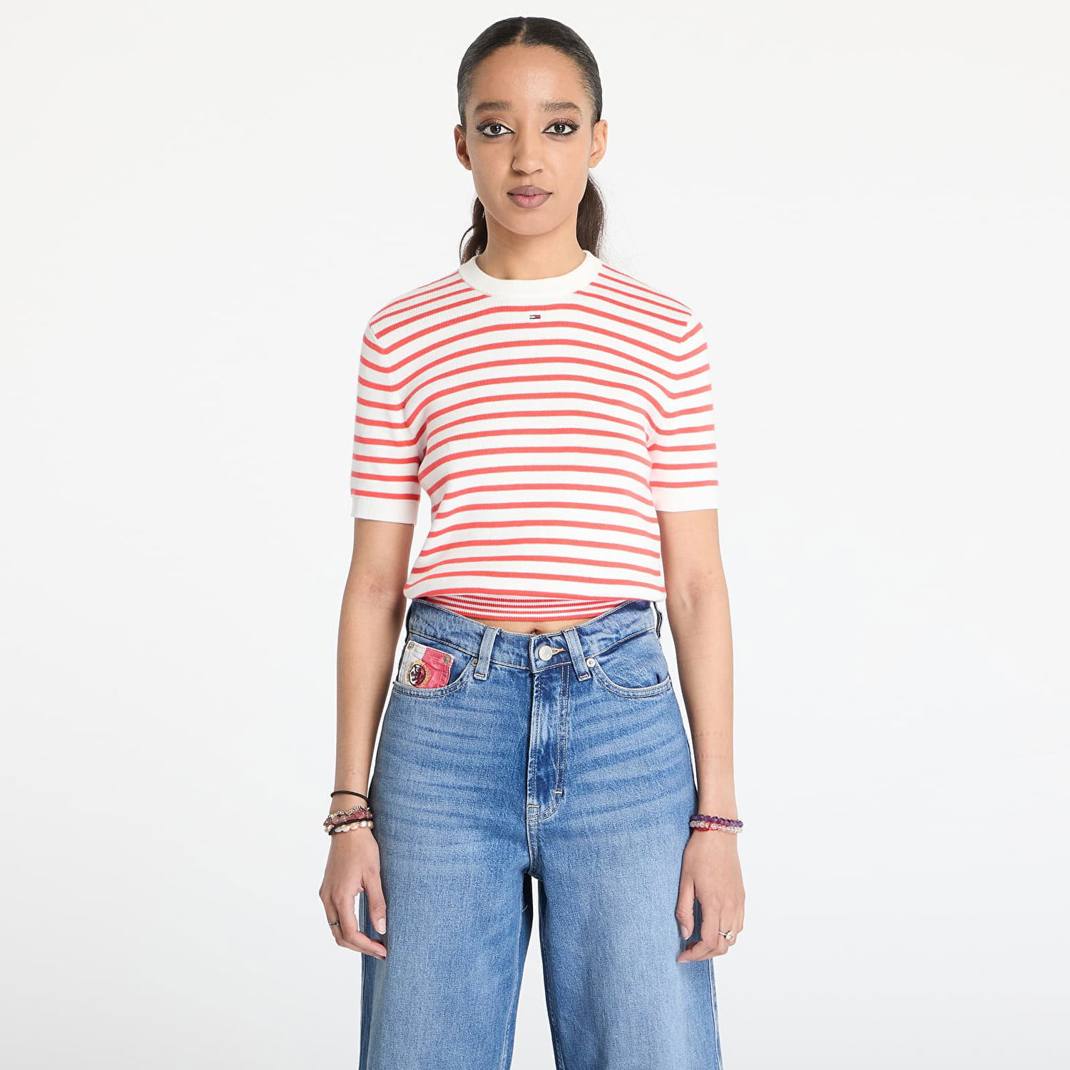 T-paita Tommy Hilfiger Tommy Jeans Essential Short Sleeve Striped Sweater Valkoinen | DW0DW19336 0EX, 0