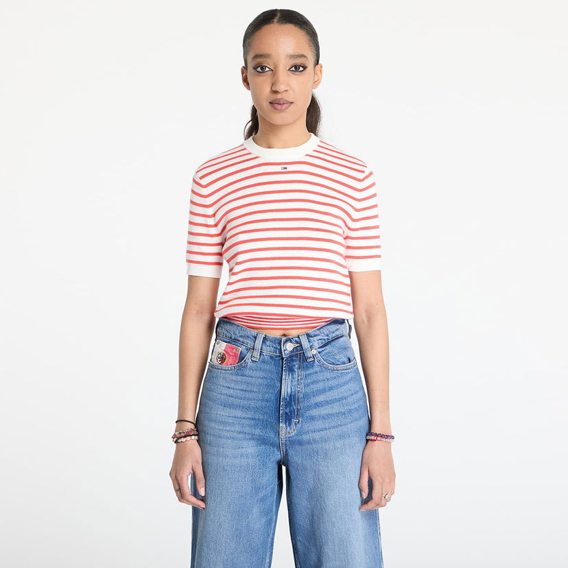 T-paita Tommy Hilfiger Tommy Jeans Essential Short Sleeve Striped Sweater Valkoinen | DW0DW19336 0EX