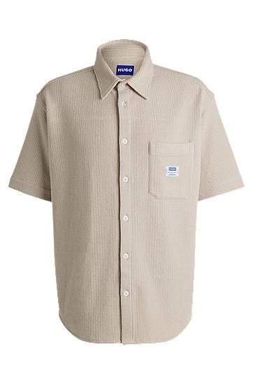 Paita BOSS HUGO Men's Waffle-Structured Cotton Blend Short-Sleeved Shirt Beige | 50540316