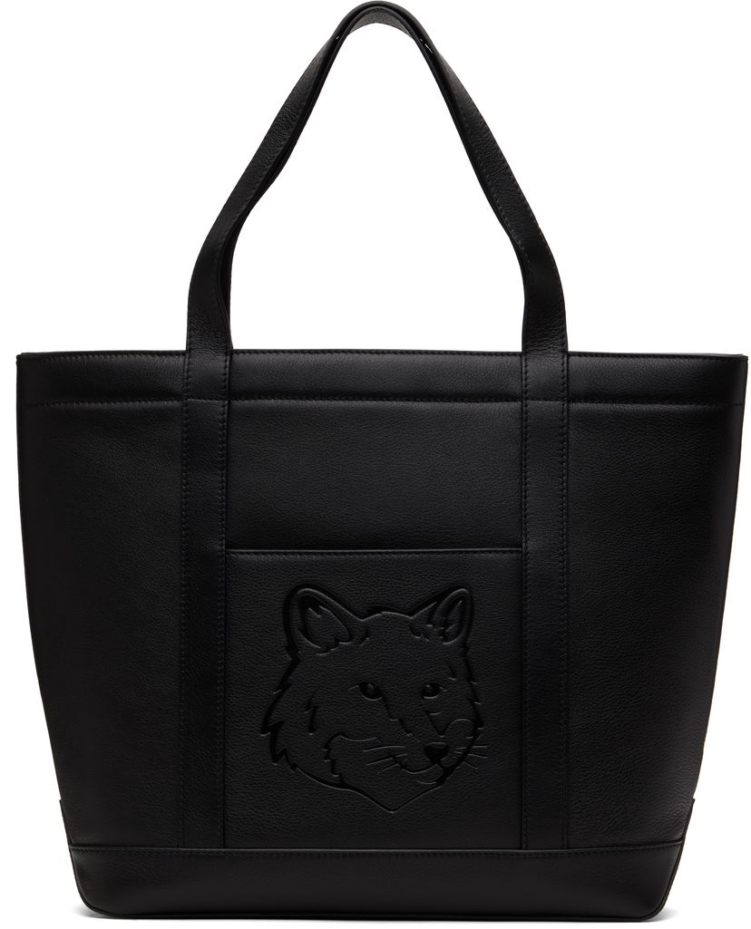 Kangaskassi MAISON KITSUNÉ Maison Kitsuné Fox Head Leather Medium Tote Musta | OW05110LC0045