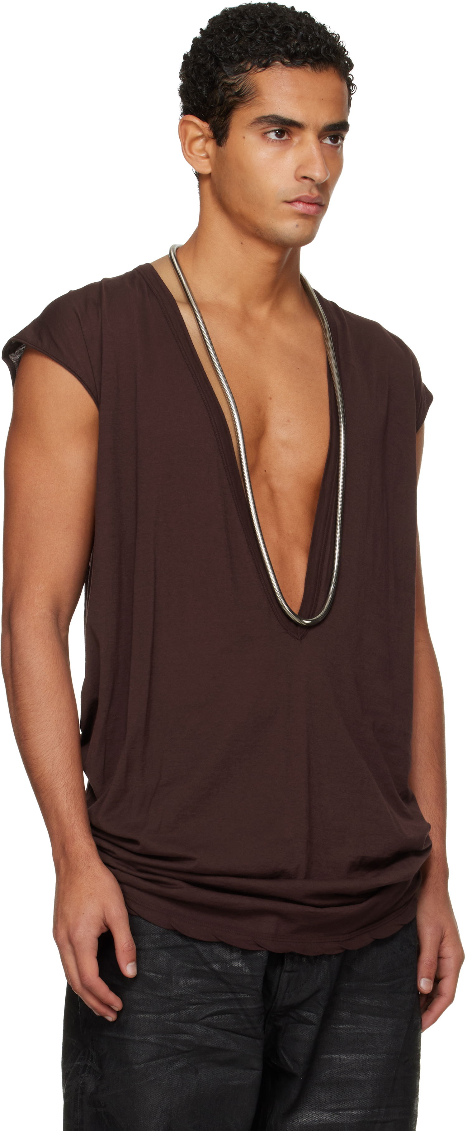 T-paita Rick Owens DRKSHDW Concordians Dylan Deep V-neck T-shirt Ruskea | DU02E7157 BH, 1