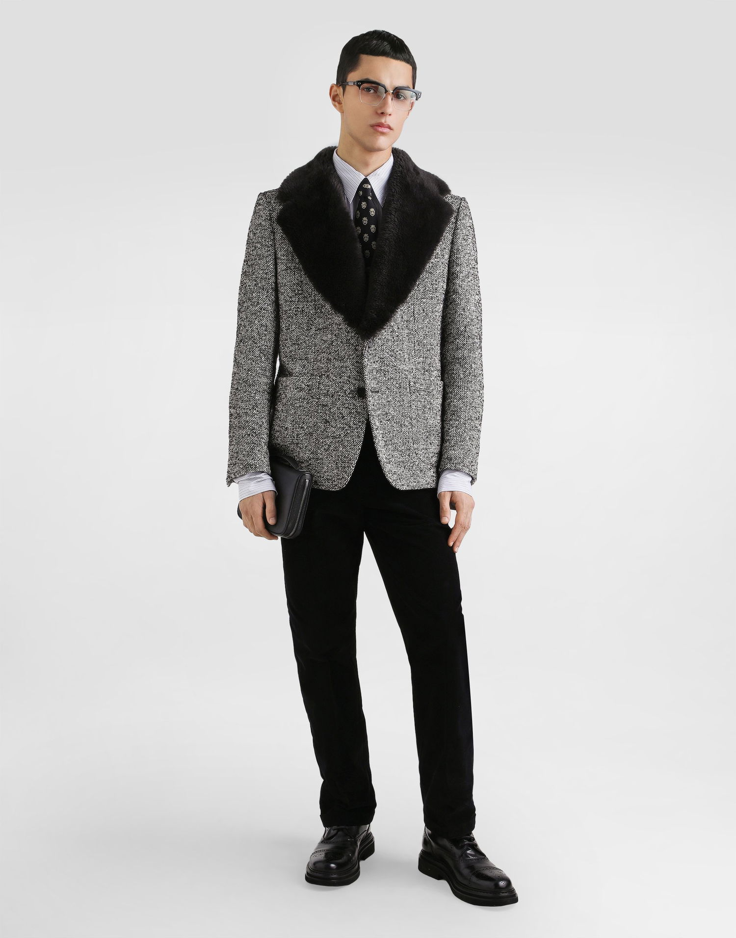 Takki Dolce & Gabbana Dolce & Gabbana Single-Breasted Dotted Wool Jacket with Fur Collar Harmaa | G2VJ9ZFMZAKS8030, 1