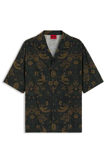 Paita BOSS Oversized-Fit Printed Cotton Poplin Shirt Vihreä | 50545377, 0