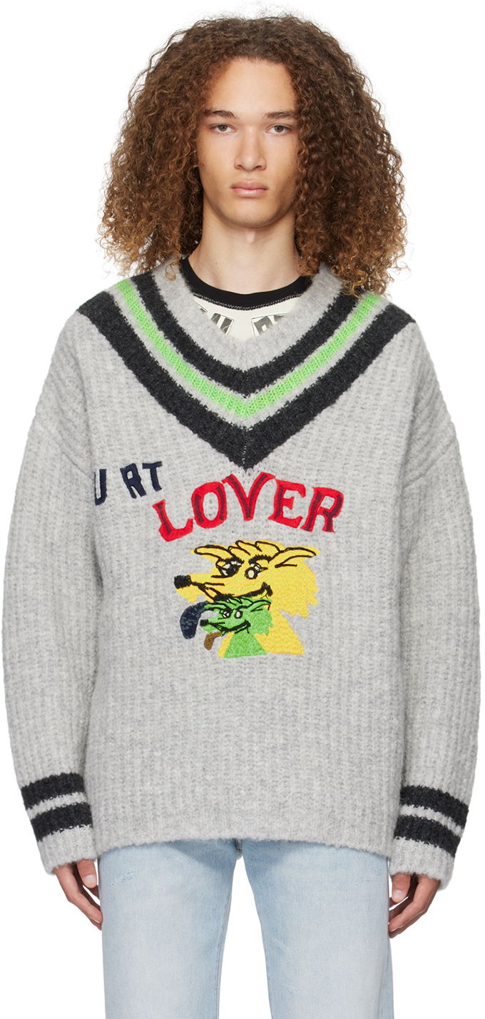 Villapaita ERL 'Hurt Lover' Graphic V-Neck Sweater Harmaa | ERL07N004, 0