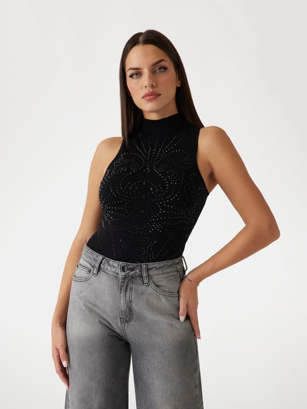 Tankkitoppi GUESS Sleeveless Rhinestone Top Musta | W5RR33Z2YK2