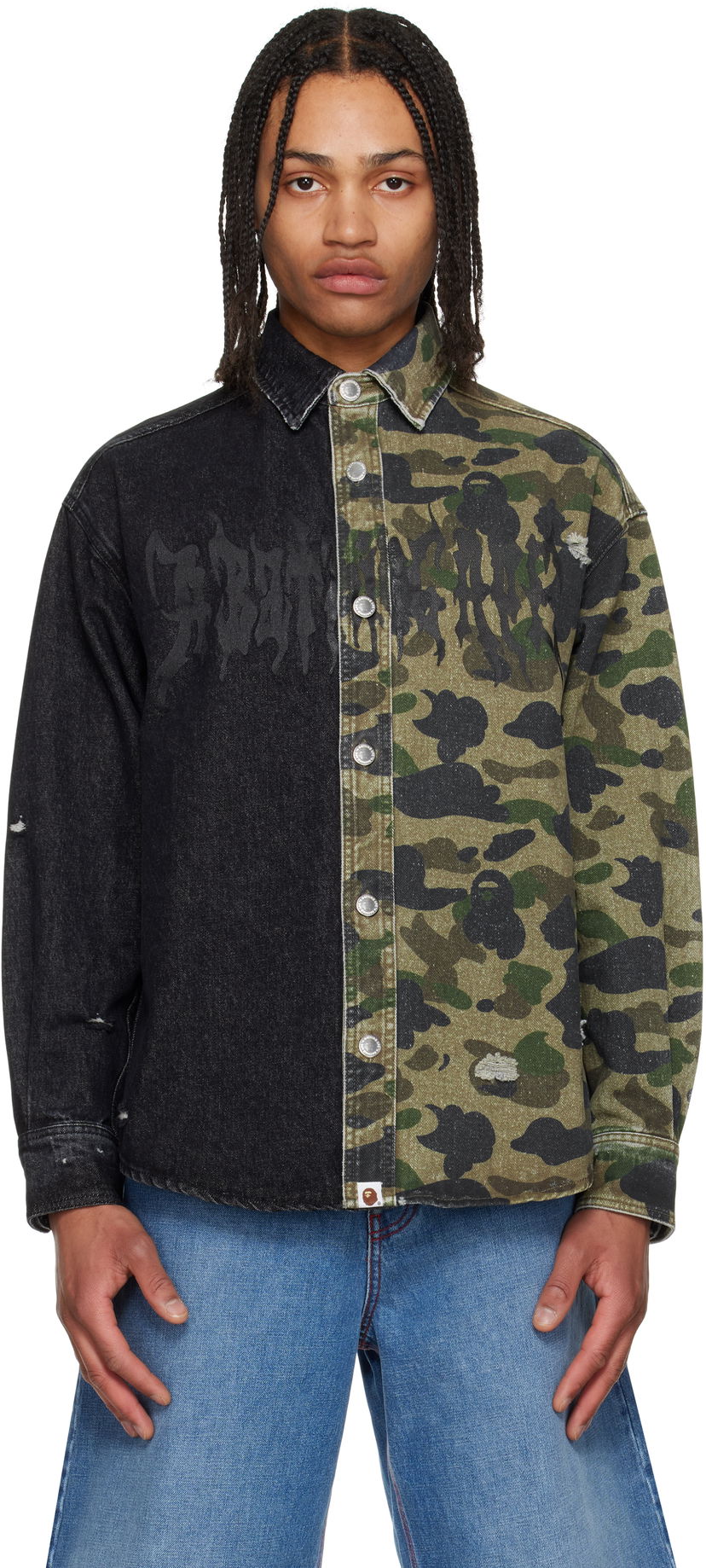 Paita BAPE A Bathing Ape 1st Camo Destroyed Denim Shirt Musta | 001SHL301312M