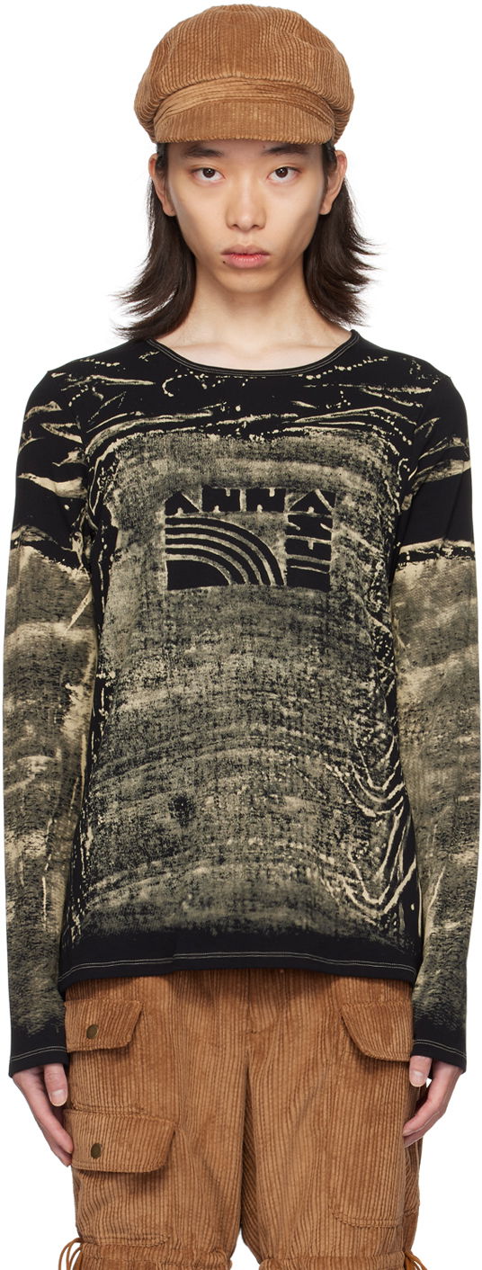 T-paita Anna Sui Exclusive Black & Beige Graphic Long Sleeve T-Shirt Musta | MT624A1