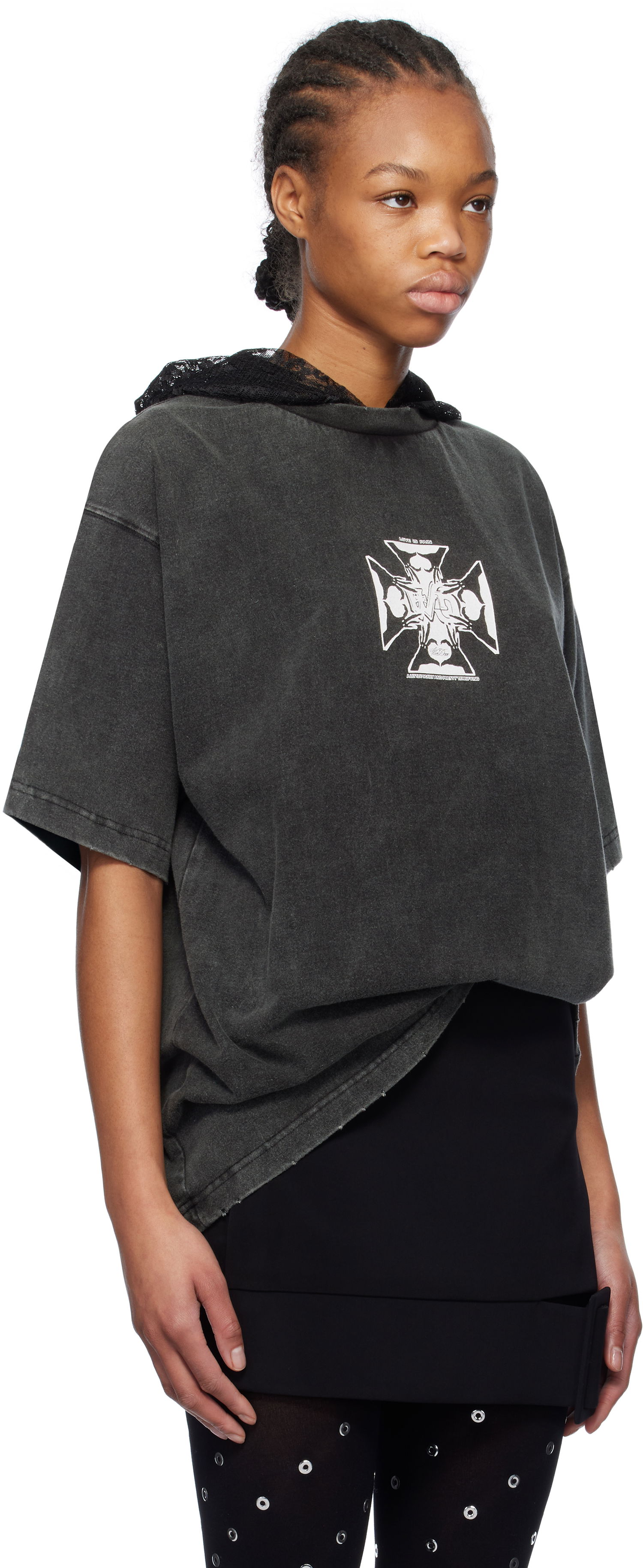T-paita We11done We11done Heart Cross Graphic Hooded T-Shirt Harmaa | WD-TH0-25-842-U-BK, 1