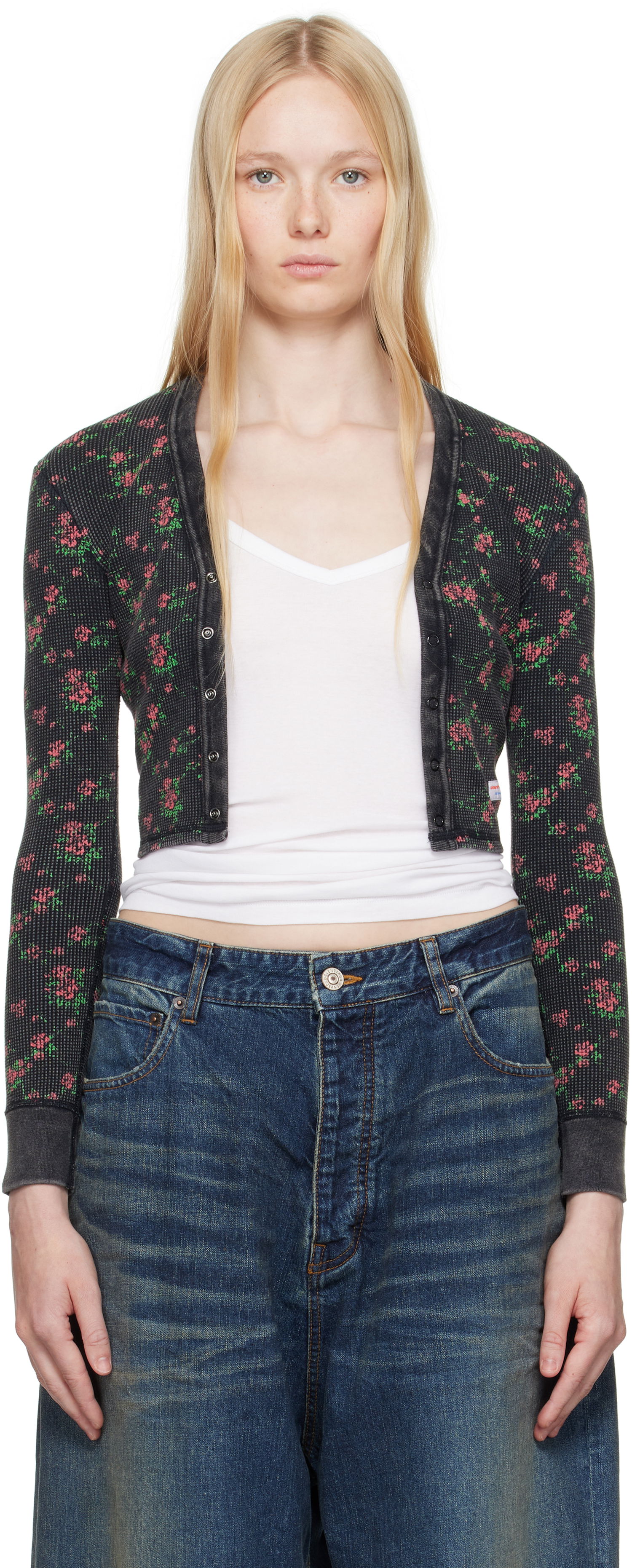 Villapaita Alexander Wang Alexander Wang Floral-Print Waffle Knit Cropped Cardigan Musta | 8C4245810P, 0