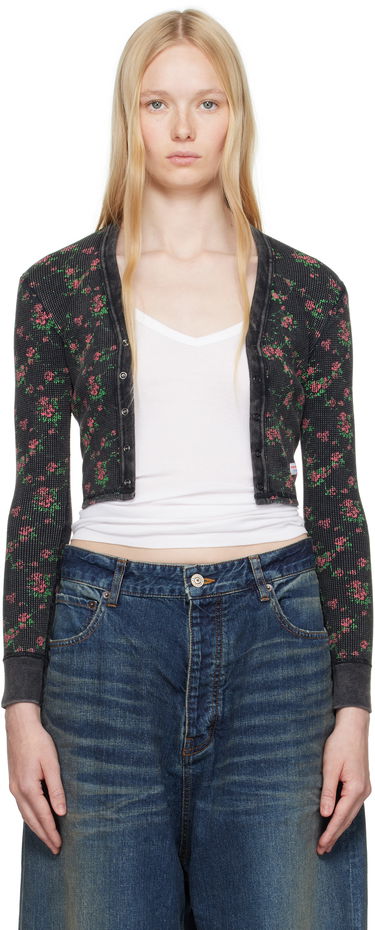 Villapaita Alexander Wang Alexander Wang Floral-Print Waffle Knit Cropped Cardigan Musta | 8C4245810P, 0