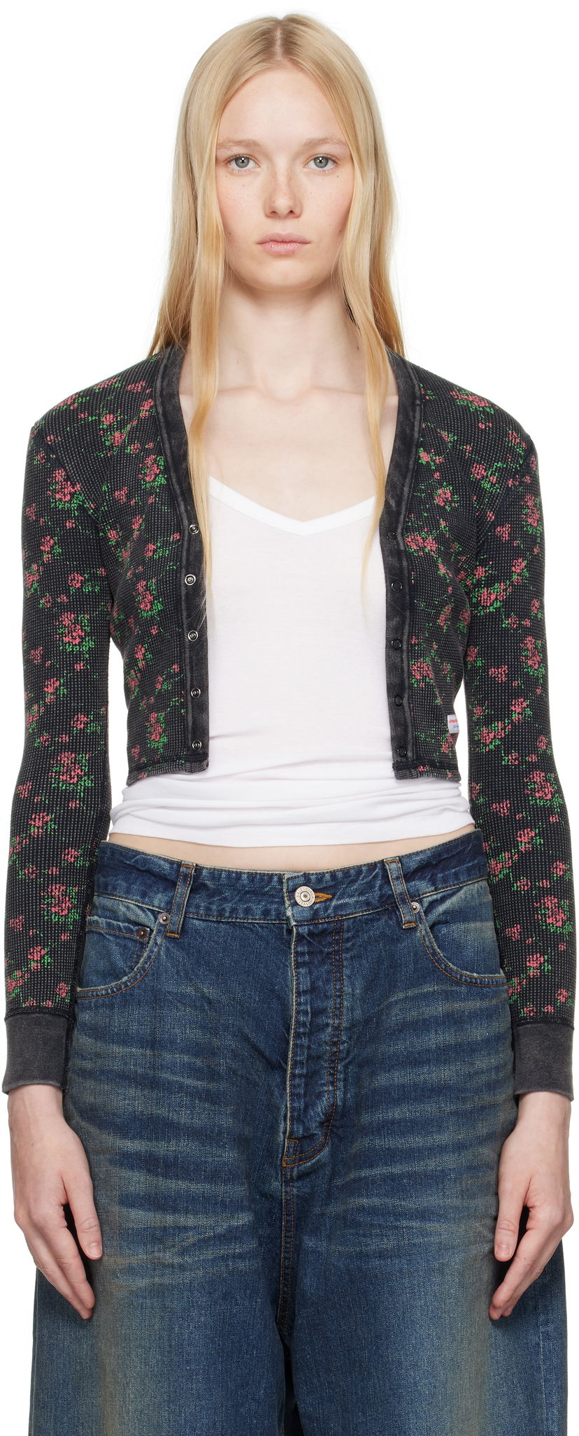 Villapaita Alexander Wang Alexander Wang Floral-Print Waffle Knit Cropped Cardigan Musta | 8C4245810P